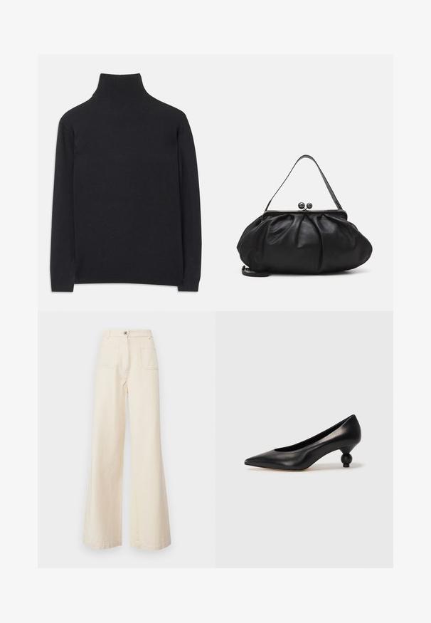 Black turtleneck sweater made of soft fabric. Features long sleeves, a high neck, and ribbed cuffs and hem for a fitted look.; WEEKEND MaxMara FILTRO - Trousers - ecru; Black leather high heel shoe with a pointed toe and a round, balled heel. Smooth texture with a sleek, minimal design.; Black leather handbag with a rounded, pleated design. Features a metallic clasp with two decorative balls and a slim, detachable strap.