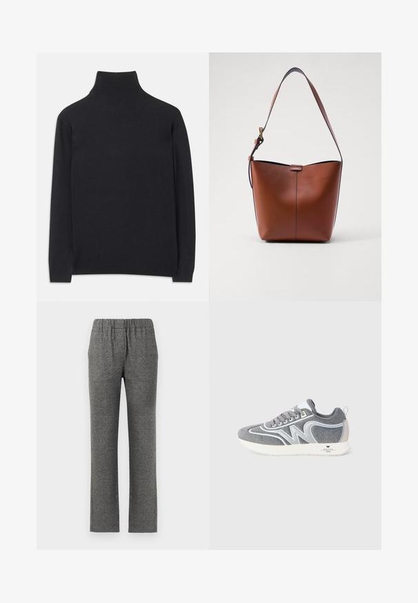 Suéter preto de gola alta feito de um tecido macio. Apresenta mangas longas, uma gola alta, e punhos e bainha canelados para um ajuste ajustado.; Calças cinzas texturizadas com um cós elástico e design de perna reta. Apresentam um padrão subtil para um interesse visual adicional.; Sapatilha de cano baixo em cinza e branco com atacadores, design em "W" na lateral e uma sola branca com a marca "Weekend Max Mara" no calcanhar.; Bolsa de ombro castanha em couro, com um formato curvado, textura suave e uma única alça fina. Apresenta uma costura subtil e um pequeno detalhe do logo.