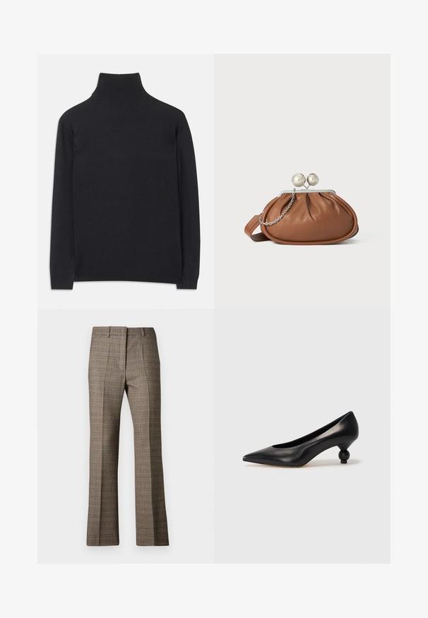 Zwarte coltrui gemaakt van zacht materiaal. Heeft lange mouwen, een hoge hals, en ribbelachtige boorden en onderkant voor een aansluitende look.; Bruine geruite broek met een rechte pijp, uitgerust met een gestructureerde stof en subtiele kleuren van beige en donkerbruin door het patroon.; Zwarte leren hoge hak schoen met een spitse neus en een ronde, bolle hak. Gladde textuur met een elegant, minimalistisch ontwerp.; Bruine leren clutch met een zilveren balsluiting en een klein zilveren kettingdetail op een witte achtergrond.