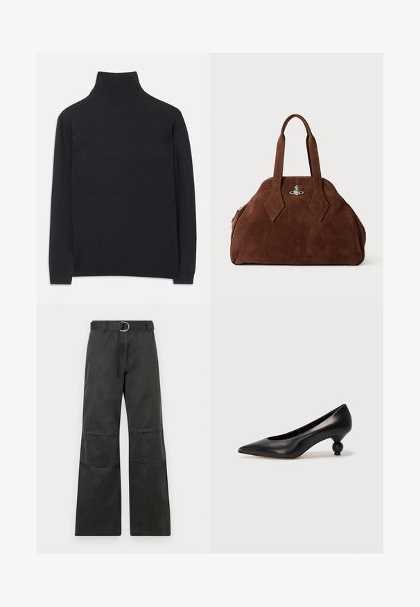 Melns augstais kakls džemperis no mīksta auduma. Tam ir garas piedurknes, augsts kakls un ribotas aproces un apakšmala, lai radītu pieguļošu izskatu.; Melnas plati kājas bikses ar vidēji augstu jostasvietu, kurām ir josta ar sudraba apaļu sprādzi, un kuras ir papildinātas ar ceļa ieliktņiem.; Melnas ādas augstpapēžu kurpes ar smailu purngalu un apaļu papēdi. Gluda tekstūra ar elegantu, minimālistisku dizainu.; Brūns zamšādas rokassoma ar strukturētu formu, noapaļotu korpusu un pagarinātām dimanta formas rokturiem. Aprīkota ar sudraba krāsas aizdari.