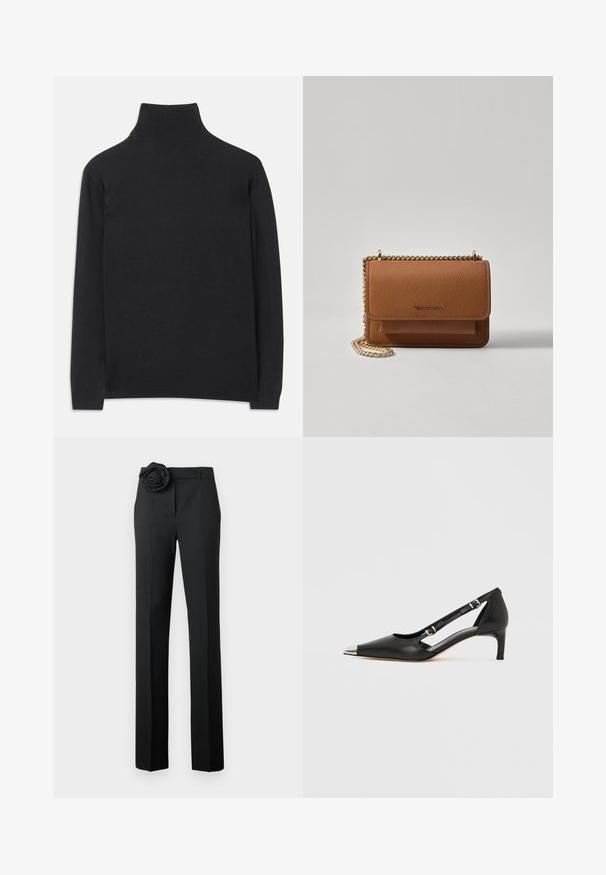 Čierny rolák z mäkkej tkaniny. Má dlhé rukávy, vysoký golier a rebrované manžety a lem pre priliehavý vzhľad.; Čierne nohavice so strihom na mieru, s akcentom z látkového ružového kvetu v páse, rovné nohy a hladká textúra.; Čierna kožená lodička s nízkym opätkom typu kitten, so špicatou striebristou špičkou a dvoma remienkami s prackami na bielom pozadí.; Hnedá textúrovaná kožená taška cez telo s zlatým reťazovým popruhom a preklopným uzáverom. Predná strana obsahuje detail s logom a vrecko pod preklopkou.