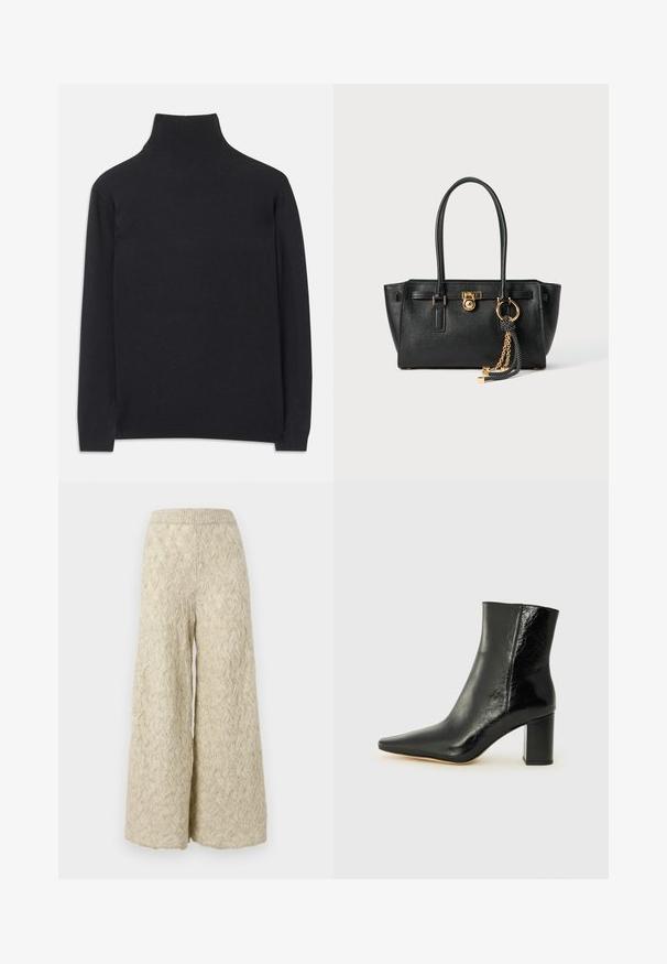 Suéter preto de gola alta feito de um tecido macio. Apresenta mangas longas, uma gola alta, e punhos e bainha canelados para um ajuste ajustado.; Calças de perna larga em bege claro, com textura de malha e um padrão ondulado. Apresentam um cós elástico para conforto e um ajuste solto.; Botim preto até ao tornozelo, feito de couro brilhante, com bico apontado e um salto grosso e quadrado. Apresenta uma textura suave e um design minimalista.; Bolsa de pele preta com alças duplas, fecho dourado e detalhe em corrente, além de um acessório de tassel preto e branco, contra um fundo branco.