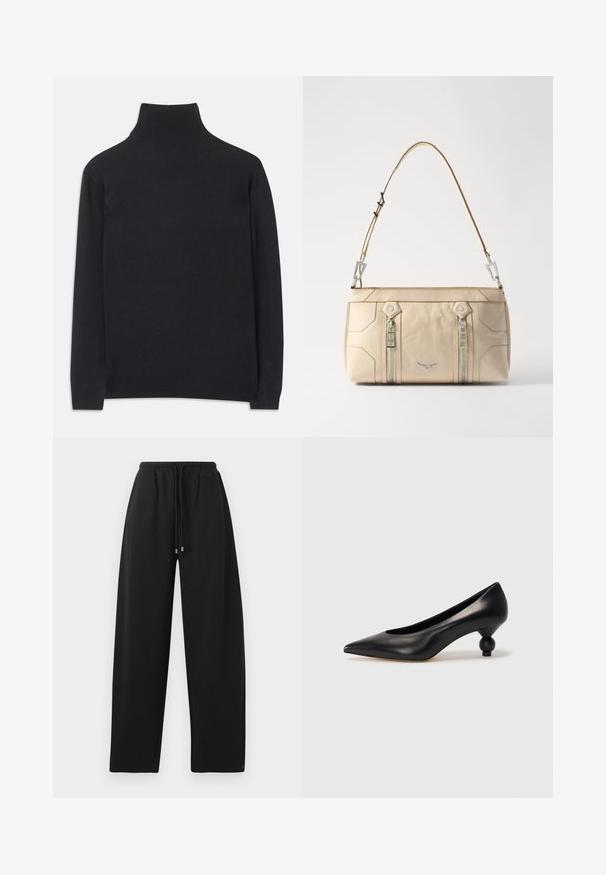 Melns augstais kakls džemperis no mīksta auduma. Tam ir garas piedurknes, augsts kakls un ribotas aproces un apakšmala, lai radītu pieguļošu izskatu.; Melnas sporta bikses ar brīvu piegriezumu, elastīgu jostu, auklas aizdari un sānu šuvēm. Izgatavotas no mīksta, gluda materiāla.; Melnas ādas augstpapēžu kurpes ar smailu purngalu un apaļu papēdi. Gluda tekstūra ar elegantu, minimālistisku dizainu.; Bežs ādas rokassoma ar sudraba piederumiem, diviem sānu rāvējslēdzējiem, strukturētu dizainu un noņemamu siksnu daudzpusībai.