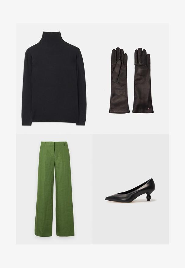 Musta poolkaelune sviiter, mis on valmistatud pehmest kangast. Omab pikki varrukaid, kõrget kaela ja soonikkoes mansette ning alläänt, mis tagavad keha lähedase ilme.; Weekend Max Mara MALIZIA - Housut - green; Musta nahkakengät korkealla korolla, joissa on terävä kärki ja pyöreä, pallomainen korko. Sileä pinta ja tyylikäs, minimalistinen muotoilu.; Weekend Max Mara SENAPE - Sormikkaat - nero