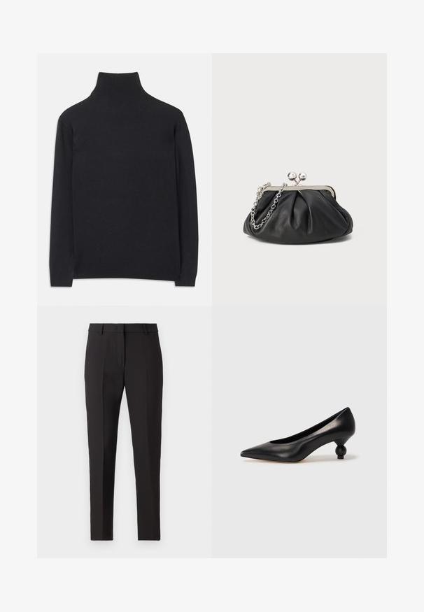 Maglione a collo alto nero realizzato in tessuto morbido. Caratterizzato da maniche lunghe, un collo alto e polsini e orlo a coste per un look aderente.; Pantaloni neri su misura con un design a gamba dritta, caratterizzati da una parte frontale piatta, passanti per la cintura e senza motivi o decorazioni visibili.; Scarpa con tacco alto in pelle nera, con punta affilata e tacco arrotondato e bombato. Texture liscia con un design elegante e minimalista.; Clutch in pelle nera con texture arricciata, cornice in metallo color argento, chiusura a scatto e tracolla a catena. Superficie liscia e morbida.