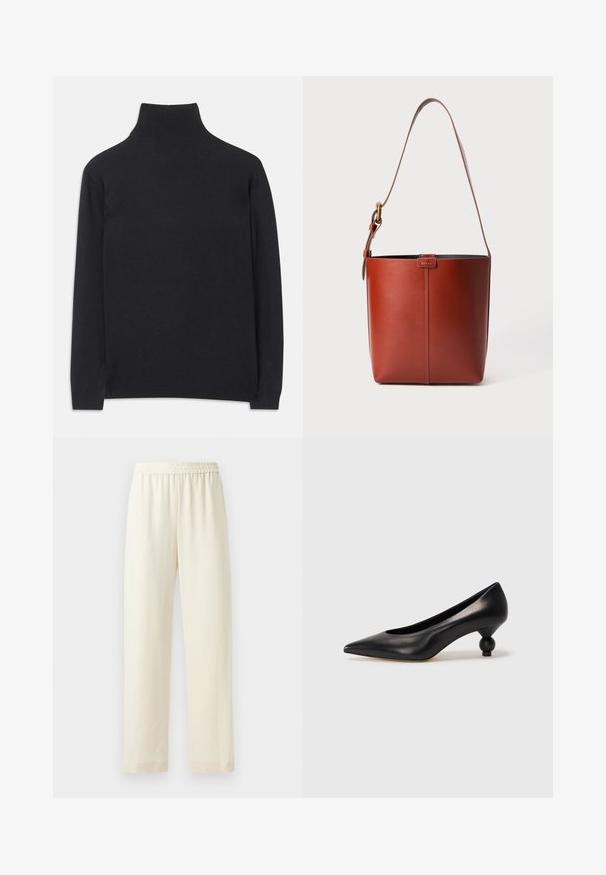 Pulover negru cu guler înalt, fabricat dintr-un material moale. Are mâneci lungi, un guler înalt și manșete și tiv cu dantelă pentru un aspect ajustat.; Pantaloni drepti de culoare crem, cu talie elastică, textură netedă și fără modele sau accesorii vizibile.; Pantofii cu toc înalt din piele neagră, cu vârf ascuțit și toc rotund, mimos. Textură netedă, cu un design elegant și minimalist.; Geantă de mână din piele maro, cu m解除at la umăr reglabil și cataramă aurie, detaliu simplu cu cusătura verticală pe față.