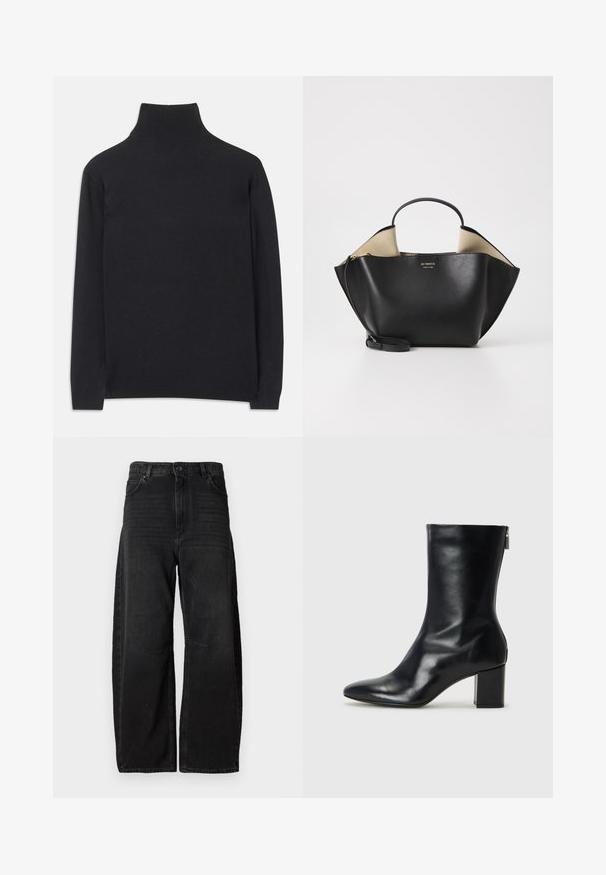 Fekete garbó pulóver puha anyagból. Hosszú ujjakkal, magas nyakkal és bordázott mandzsettákkal, valamint aljjal rendelkezik, ami karcsú megjelenést kölcsönöz.; Széles szárú fekete farmernadrág, tartós anyagból készült, magas derékkal, nagy elülső zsebekkel és letisztult, minimális varrási dizájnnal.; Fekete bőr bokacipő hegyes orral és 4 cm-es blokkfallal. Simán díszített designja oldalra nyíló cipzárral rendelkezik, ami megkönnyíti a felvételt. Simább textúrával.; Ree Projects ANN TOTE MINI - Kézitáska - black