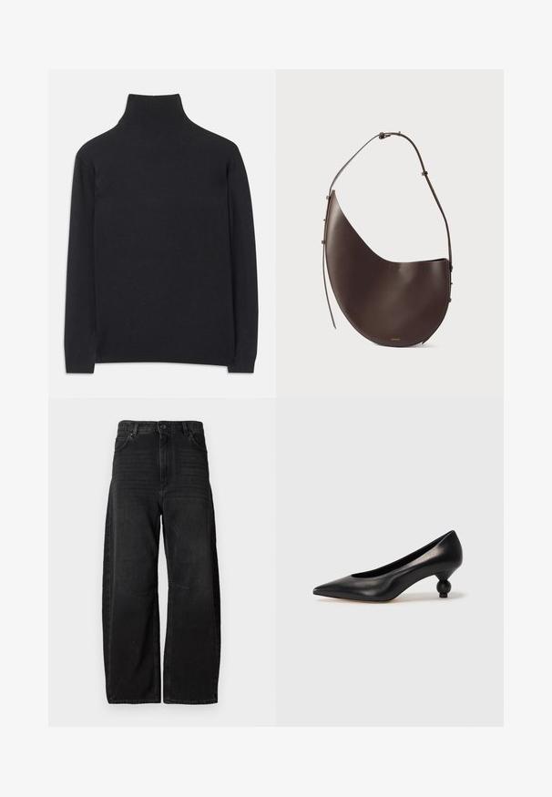 Melns augstais kakls džemperis no mīksta auduma. Tam ir garas piedurknes, augsts kakls un ribotas aproces un apakšmala, lai radītu pieguļošu izskatu.; Platām kājām melni džinsu bikses, kas izgatavotas no izturīga auduma, ar augstu jostu, lielām priekšējām kabatām un tīru, minimālistisku šuvju dizainu.; Melnas ādas augstpapēžu kurpes ar smailu purngalu un apaļu papēdi. Gluda tekstūra ar elegantu, minimālistisku dizainu.; Brūnas ādas rokas soma ar izliekumu, vienu siksnu un minimālistisku dizainu. Iezīmēta ar nemanāmu logo un zelta apdari.