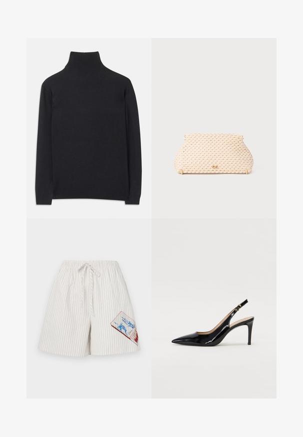 Čierny rolák z mäkkej tkaniny. Má dlhé rukávy, vysoký golier a rebrované manžety a lem pre priliehavý vzhľad.; Biele bavlnené šortky s vertikálnymi modrými pruhmi, elastickým pásom a šnúrkou na stiahnutie. Na ľavom stehne sa nachádza farebná grafická nášivka.; Čierne lakované kožené slingback lodičky s špicatou špičkou, štíhlým podpätkom a jemným výrezom. Obsahuje zlatú pracku na remienku.; Tkaná béžová kabelka typu clutch s zaobleným tvarom, akcentmi zo zlato- tónovej ocele a textúrovaným vzorom. Uzatvárací mechanizmus sa nachádza na vrchu.