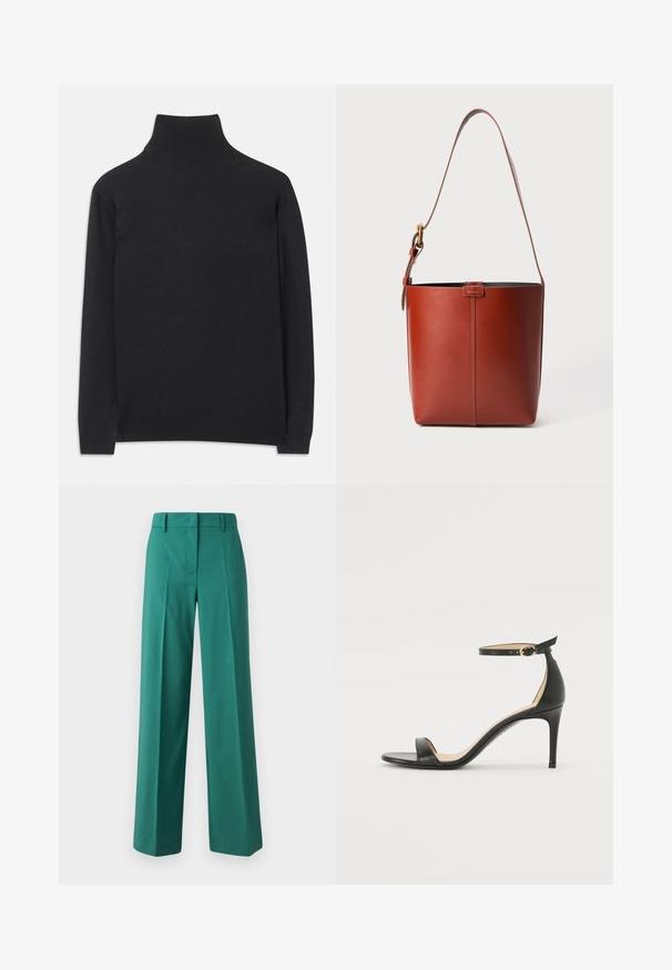 Zwarte coltrui gemaakt van zacht materiaal. Heeft lange mouwen, een hoge hals, en ribbelachtige boorden en onderkant voor een aansluitende look.; Groene wijde broek gemaakt van een soepele stof met een op maat gemaakte pasvorm, met voorplooien en een ontwerp met twee zakken.; Zwarte leren hoge hak sandaal met enkelbandje. Heeft een gladde textuur, open teen en een dunne hak. Gouden gesp detail.; Bruine lederen emmerzak met verstelbare schouderband en gouden gesp, eenvoudige verticale naaddetails aan de voorkant.; WEEKEND MaxMara SENAPE - Handschoenen - nero