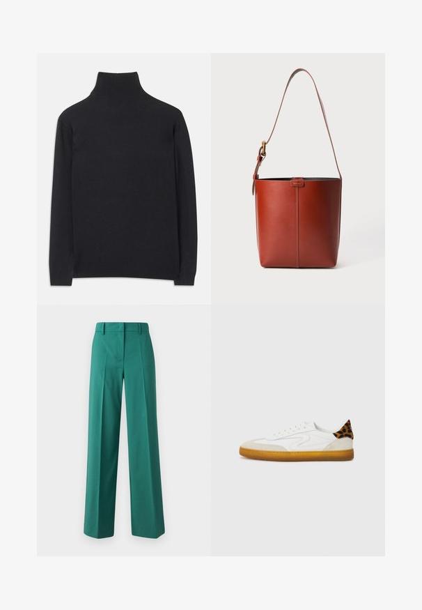 Crna rolka izrađena od mekanog materijala. Ima duge rukave, visoki ovratnik te rebraste rukave i donji rub za prilagodljiv izgled.; Zelene široke hlače izrađene od glatkog materijala s krojem koji se dobro prilagođava, s prednjim nabranicama i dizajnom s dva džepa.; Bijela tenisica s teksturiranim gornjim dijelom od antilopa i kože, koja sadrži akcentu u uzorku leoparda na peti i gumeni potplat u boji gume.; Smeđa kožna torba u obliku kante s podesivim remenom za rame i zlatnim kopčanjem, jednostavna vertikalna šavova na prednjoj strani.