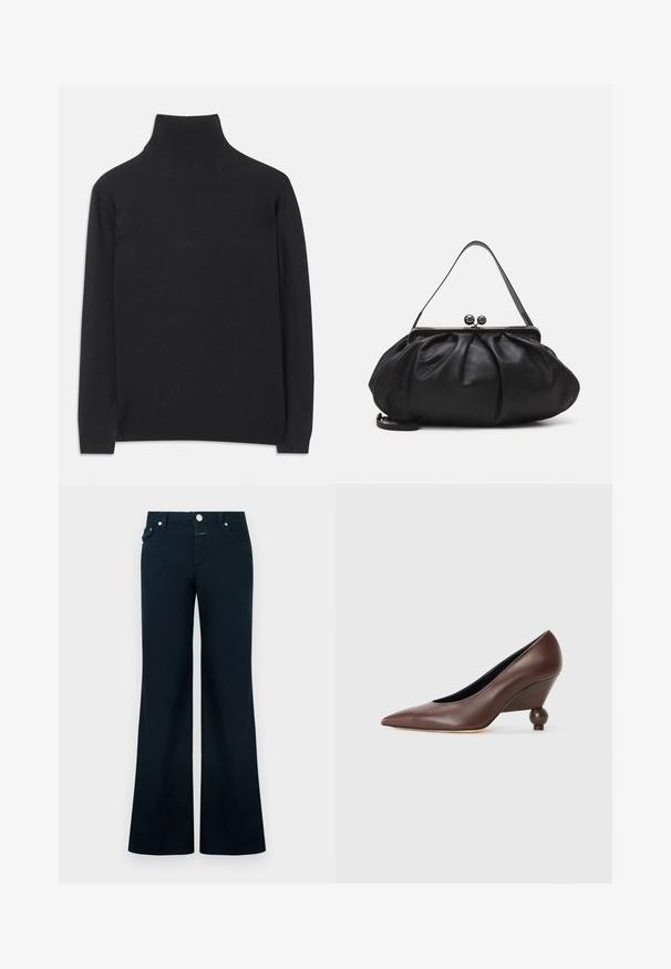 Juodas golfas, pagamintas iš minkštos medžiagos. Jis turi ilgomis rankovėmis, aukštu kaklu ir šonkauliniais rankogaliais bei apvadu, suteikiančiais prigludusį įvaizdį.; Tamsiai mėlynos plačios medvilninės kelnės. Yra priekyje kišenės, sagų užsegimas ir lygi tekstūra be matomų raštų ar akcentų.; Ruda odinė aukšta kulno batų avalynė su smailiu pirštu ir apvaliu, rutulio formos kulnu. Lygus paviršius su paprastu dizainu ir minimaliais akcentais.; Juodas odinis rankinė su apvalia, raukšlėtą dizainą. Priedai metalinė užsegimas su dviem dekoratyvinėmis kamuoliukais ir plona, nuimama pakaba.