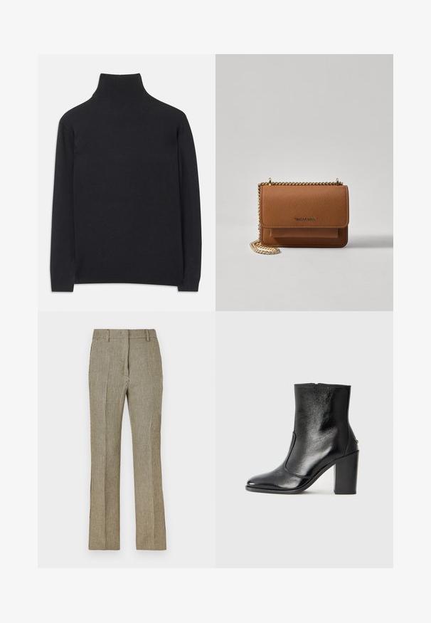 Suéter preto de gola alta feito de um tecido macio. Apresenta mangas longas, uma gola alta, e punhos e bainha canelados para um ajuste ajustado.; Calças de fato em xadrez bege e preto com perna reta, apresentando passantes para cinto e bolsos laterais, feitas de um tecido suave.; Bota ankle preta em pele com uma textura suave, bico fino e um salto alto robusto. Apresenta uma abertura lateral e um design minimalista.; Bolsa crossbody de couro texturizado castanho com alça de corrente dourada e fecho com aba. A parte da frente apresenta detalhe do logótipo e um bolso sob a aba.