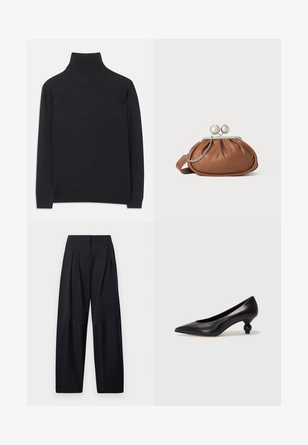 Svart polotröja i mjukt tyg. Har långa ärmar, hög krage och ribbade ärmar och nederkant för en figurnära look.; Breda byxor i marinblått med veck fram, med ett mjukt tyg och en ren midjeband för en skräddarsydd look.; Svart läderhögklackad sko med spetsig tå och rund, bollformad klack. Slät yta med en elegant, minimalistisk design.; Brun läderhandväska med silverkulklämma och en liten silversked på vit bakgrund.