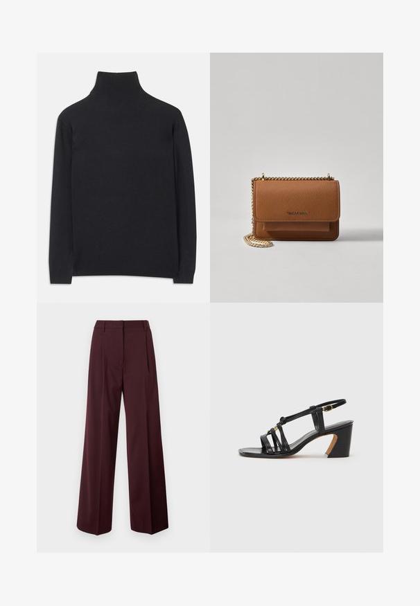 Zwarte coltrui gemaakt van zacht materiaal. Heeft lange mouwen, een hoge hals, en ribbelachtige boorden en onderkant voor een aansluitende look.; Wijde broekspijpen in donker bordeauxrood met een gladde stofstructuur. Voorzien van een aangesloten taille, voorplooien en geen zichtbare sluitingen.; Paul Smith AMIRA - Klassieke pumps - black; Bruine lederen schoudertas met textuur, voorzien van een gouden kettingstrap en klepsluiting. De voorkant heeft een logo-detail en een zak onder de klep.