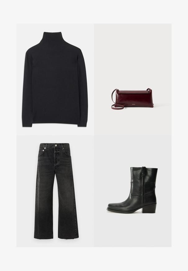 Črn pulover z visoko ovratnikom, izdelan iz mehkega materiala. Ima dolge rokave, visoko ovratnik ter rebraste manšete in rob, kar daje prilegajoč videz.; Črne široke kavbojke iz denima, z visokim pasom, kovinskim gumbom za zapiranje, petimi žepi in surovo obrobljenimi robovi.; Črne usnjene gležnjarje z zaobljenim nosom, blok peto, stransko zadrgo in šivanjem na vampu. Gladka tekstura, klasična zasnova.; Burgundska usnjena torba čez ramo s gladko teksturo, pravokotno obliko, zapiranjem na pokrovček in tankim nastavljivim trakom. Vidna zlata logotipna podrobnost.