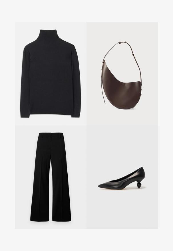 Pulover negru cu guler înalt, fabricat dintr-un material moale. Are mâneci lungi, un guler înalt și manșete și tiv cu dantelă pentru un aspect ajustat.; Pantaloni negri cu croi larg, cu o textură netedă, talie structurată și pliseuri frontale. Design minimalist fără accesorii vizibile.; Pantofii cu toc înalt din piele neagră, cu vârf ascuțit și toc rotund, mimos. Textură netedă, cu un design elegant și minimalist.; Geantă din piele maro cu o formă curbată, curea unică și un design minimalist. Prezintă un logo subtil și accente din aur.