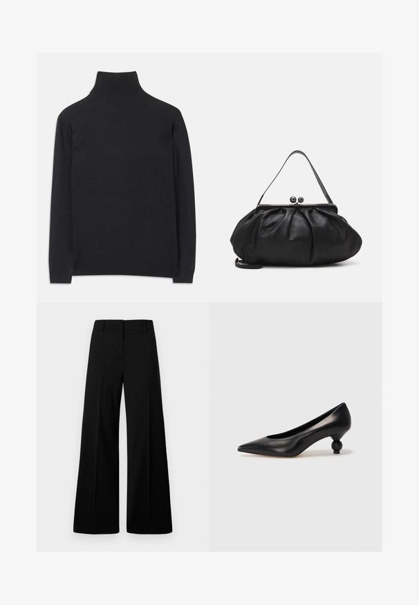 Suéter negro de cuello alto hecho de tejido suave. Presenta mangas largas, un cuello alto y puños y dobladillo acanalados para un ajuste ceñido.; Pantalones de pierna ancha negros con una textura suave, cinturilla estructurada y pliegues frontales. Diseño minimalista sin hardware visible.; Zapato de tacón alto de cuero negro con puntera afilada y un tacón redondeado y abombado. Textura suave con un diseño elegante y minimalista.; Bolso de mano de cuero negro con un diseño redondeado y plisado. Cuenta con un cierre metálico con dos bolas decorativas y una correa delgada y desmontable.