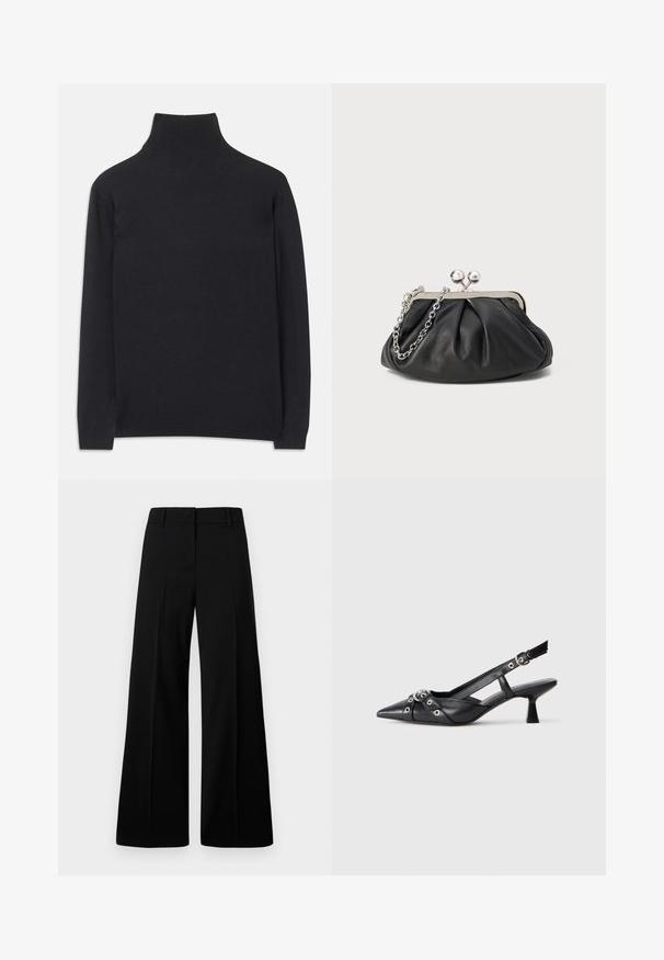 Suéter preto de gola alta feito de um tecido macio. Apresenta mangas longas, uma gola alta, e punhos e bainha canelados para um ajuste ajustado.; Calças largas pretas com uma textura suave, cós estruturado e pregas frontais. Design minimalista sem hardware visível.; Sapato slingback em couro preto com biqueira fina, tiras decorativas com ilhós de metal e um pequeno salto quadrado. Superfície texturizada.; Clutch de pele preta com textura franzida, estrutura em metal prateado, fecho tipo kiss-lock e alça de corrente. Superfície lisa e suave.