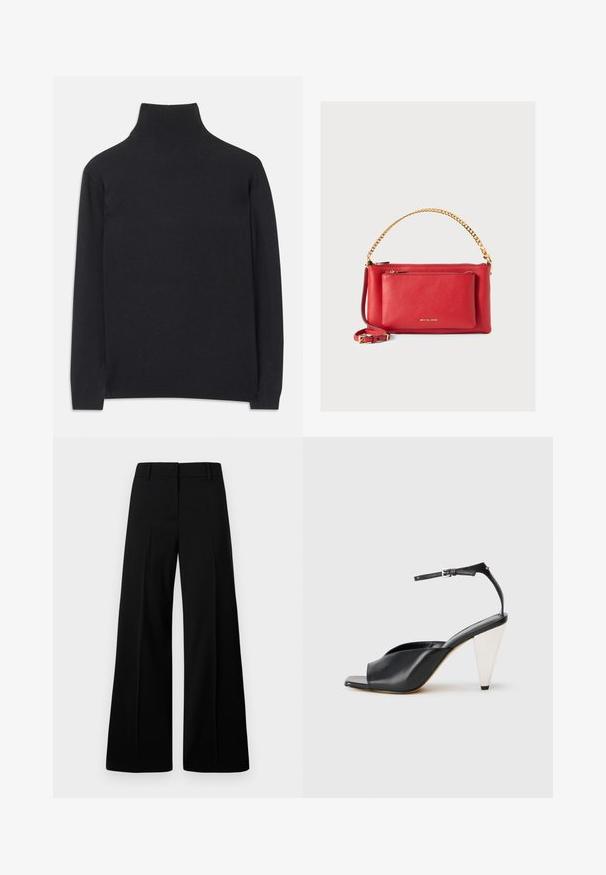 Czarny sweter z golfem wykonany z miękkiego materiału. Posiada długie rękawy, wysoki kołnierz oraz prążkowane mankiety i dół, co zapewnia dopasowany wygląd.; Czarne spodnie o szerokich nogawkach, charakteryzujące się gładką fakturą, usztywnionym pasem i fałdami z przodu. Minimalistyczny design bez widocznych elementów metalowych.; Czarne skórzane sandały na wysokim obcasie z odkrytymi palcami, asymetrycznym wzorem, paskiem w okolicy kostki oraz metalicznym obcasem w kształcie stożka. Gładka faktura na całej powierzchni.; Czerwona skórzana torebka o teksturowanym wykończeniu, ze złotym łańcuszkiem i paskiem, przednia kieszeń na zamek błyskawiczny oraz tłoczone logo. Kompaktowy i usztywniony design.
