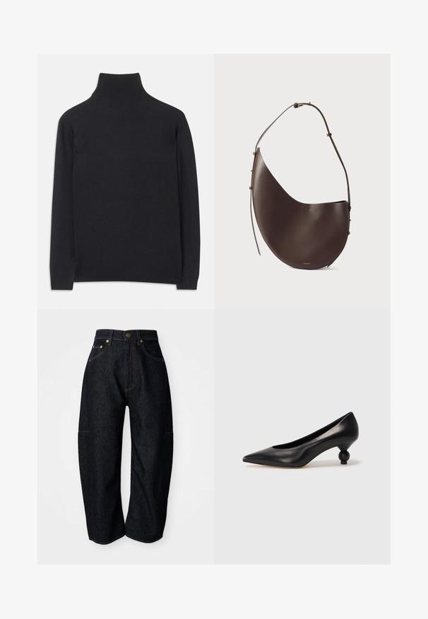 Fekete garbó pulóver puha anyagból. Hosszú ujjakkal, magas nyakkal és bordázott mandzsettákkal, valamint aljjal rendelkezik, ami karcsú megjelenést kölcsönöz.; Sötét farmernadrág laza szabással, finom narancssárga varrással, elülső zsebekkel és lapos derékrésszel, gombos záródással.; Fekete bőr magassarkú cipő, hegyes orral és kerek, gömbölyű sarokkal. Simább textúrával, elegáns, minimalista dizájnnal.; Barna bőr kézitáska ívelt formával, egyszálú pánttal és minimalista dizájnnal. Diszkrét logóval és arany színű fém részekkel rendelkezik.