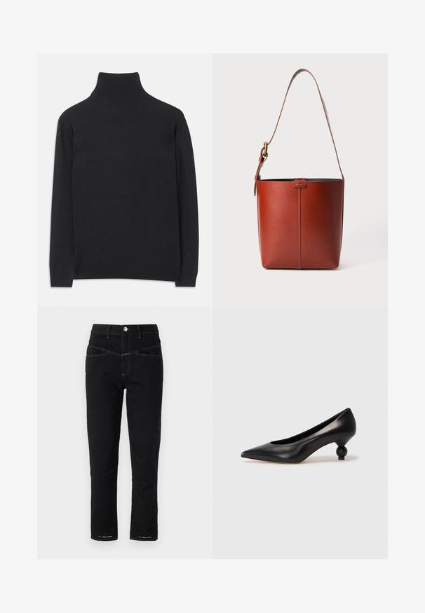 Suéter negro de cuello alto hecho de tejido suave. Presenta mangas largas, un cuello alto y puños y dobladillo acanalados para un ajuste ceñido.; Jeans de mezclilla negra con una silueta ajustada, costuras en contraste, diseño estándar de cinco bolsillos y detalles del logo en el dobladillo.; Zapato de tacón alto de cuero negro con puntera afilada y un tacón redondeado y abombado. Textura suave con un diseño elegante y minimalista.; Bolso de cuero marrón tipo cubo con correa para el hombro ajustable y hebilla dorada, con un simple detalle de costura vertical en la parte frontal.