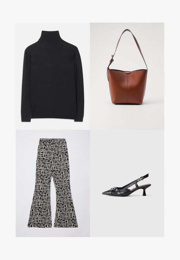 Black turtleneck sweater made of soft fabric. Features long sleeves, a high neck, and ribbed cuffs and hem for a fitted look.; Diane von Furstenberg BROOKLYN PANTS - Trousers - black; Black leather slingback shoe with a pointed toe, decorative straps featuring metal eyelets, and a low block heel. Textured surface.; Brown leather shoulder bag with a curved shape, smooth texture, and a single thin strap. Features a subtle seam and a small logo detail.