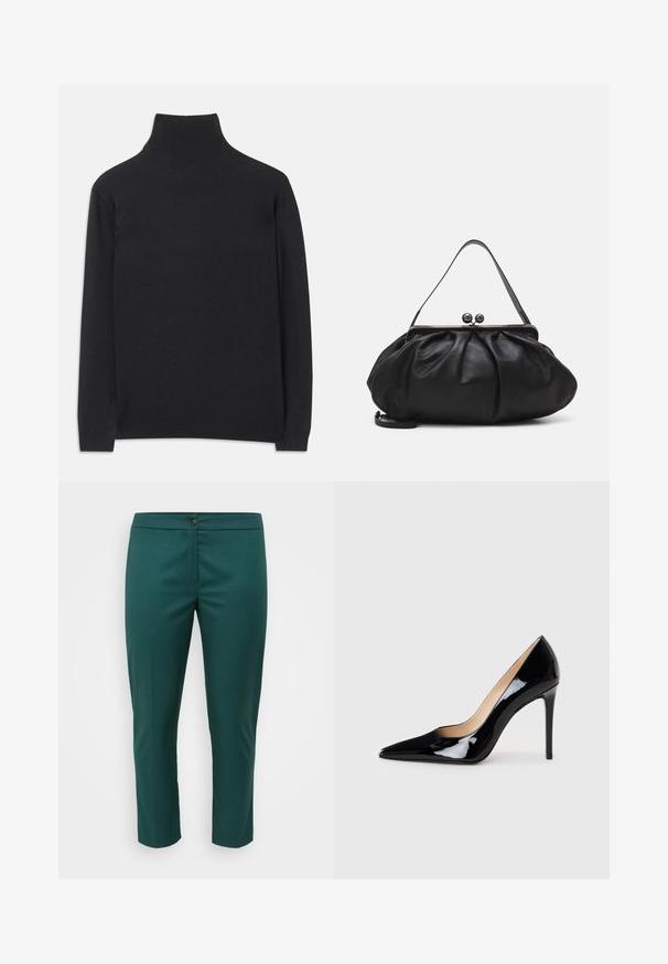 Zwarte coltrui gemaakt van zacht materiaal. Heeft lange mouwen, een hoge hals, en ribbelachtige boorden en onderkant voor een aansluitende look.; Groene cropped broek van soepele stof, met een rits- en knoopsluiting, voorzakken en een getailleerde pasvorm.; Zwarte lakleren hoge hakpumps met een puntige neus en een slanke silhouet. Heeft een gladde, glanzende afwerking en een slanke stilettohak.; Zwarte leren handtas met een afgerond, geplooid ontwerp. Voorzien van een metalen sluiting met twee decoratieve bollen en een smalle, afneembare schouderband.