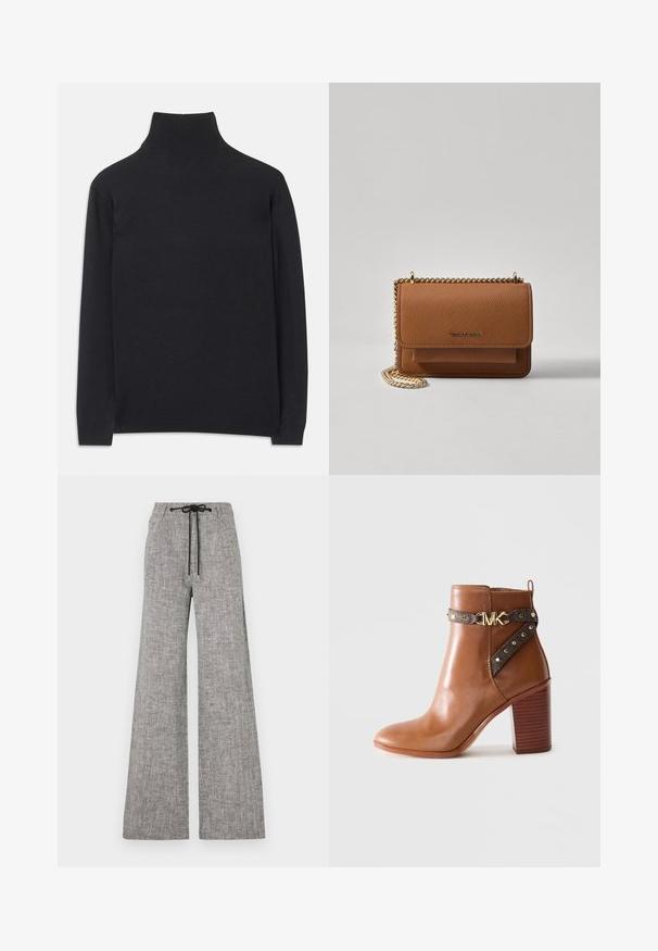 Suéter preto de gola alta feito de um tecido macio. Apresenta mangas longas, uma gola alta, e punhos e bainha canelados para um ajuste ajustado.; Calças largas cinzentas feitas de tecido texturizado. Apresentam uma cintura elástica com um cordão preto e bolsos laterais.; Bota de tornozelo em couro castanho com salto bloco empilhado, tira lateral com studs dourados e fivela com o logotipo "MK" dourado.; Bolsa crossbody de couro texturizado castanho com alça de corrente dourada e fecho com aba. A parte da frente apresenta detalhe do logótipo e um bolso sob a aba.