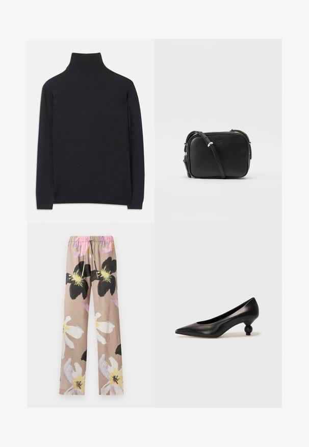 Juodas golfas, pagamintas iš minkštos medžiagos. Jis turi ilgomis rankovėmis, aukštu kaklu ir šonkauliniais rankogaliais bei apvadu, suteikiančiais prigludusį įvaizdį.; Bežinės gėlėmis puoštos kelnės su dideliais juodais ir baltas gėlių raštais, turinčios elastingą juosmenį su rožiniu raišteliu.; Juoda odinė aukštakulnė bateliai su smailiu pirštu ir apvaliu, iškiliu kulnu. Lygus paviršius su elegantišku, minimalistiniu dizainu.; Juodas odinis krepšys per petį su stačiakampio forma, sidabro spalvos detalės, reguliuojama petneša ir subtilus įspaustas logotipas.