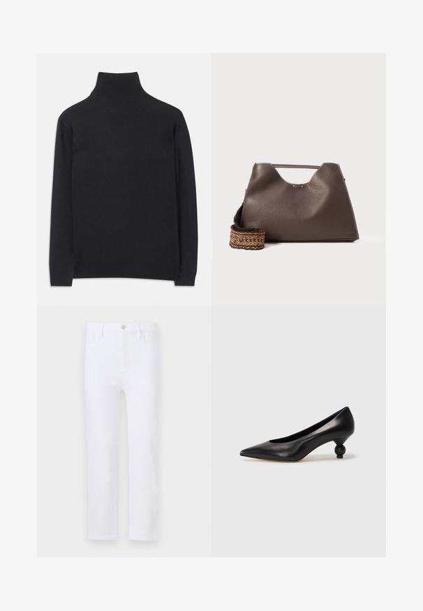 Pull à col roulé noir en tissu doux. Il dispose de manches longues, d'un col montant et de bords côtelés pour un look cintré.; Jean en denim blanc avec une coupe droite, comportant des passants de ceinture, des poches avant et une fermeture éclair. Texture lisse et couleur uniforme sur toute la surface.; Chaussure à talon haut en cuir noir avec un bout pointu et un talon arrondi. Texture lisse avec un design épuré et minimal.; Sac à main en cuir marron avec une finition texturée, un design angulaire et une poignée supérieure distinctive. Présente un détail de sangle tissée à motif.