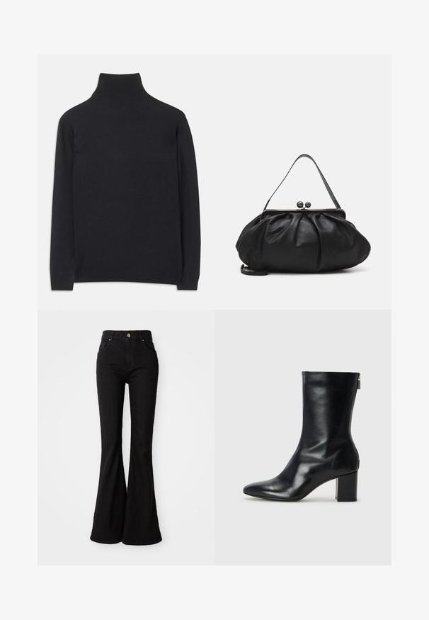 Black turtleneck sweater made of soft fabric. Features long sleeves, a high neck, and ribbed cuffs and hem for a fitted look.; Black flared jeans made of denim, featuring a high waist, button closure, and classic five-pocket design. Smooth texture and uniform color.; Black leather ankle boot with a pointed toe and 4 cm block heel. Sleek design features a side zipper for easy wear. Smooth texture.; Black leather handbag with a rounded, pleated design. Features a metallic clasp with two decorative balls and a slim, detachable strap.