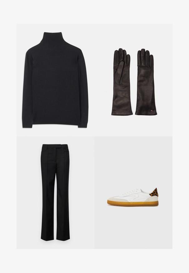 Crna rolka izrađena od mekanog materijala. Ima duge rukave, visoki ovratnik te rebraste rukave i donji rub za prilagodljiv izgled.; Crne krojene hlače s ravnim nogavicama, s dva prednja džepa, glatkom teksturom tkanine i čistim linijama.; Bijela tenisica s teksturiranim gornjim dijelom od antilopa i kože, koja sadrži akcentu u uzorku leoparda na peti i gumeni potplat u boji gume.; Weekend Max Mara SENAPE - Rukavice - nero