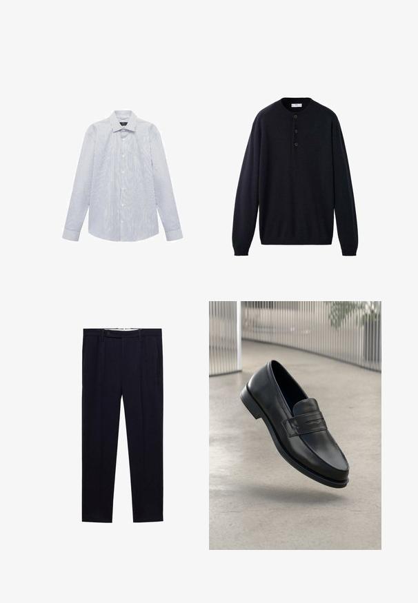 Mörkblå, långärmad tröja med rundad krage, med knäppning och ribbade muddar och nederkant, tillverkad av mjukt, texturerat tyg.; Långärmad vit skjorta med tunna vertikala svarta ränder, knappstängd fram och klassisk krage.; Marinblå byxor med rak bendesign, dubbla veck och knappstängning i midjan. Tillverkade av ett slätt tyg utan mönster.; Svart lädersko med slät struktur, spetsig tå och en dekorativ rem över fotryggen. Lätt sula, minimalistisk design.