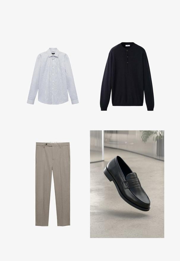 Marineblauer, langärmliger Pullover mit Rundhalsausschnitt, ausgestattet mit einer Knopfleiste sowie gerippten Bündchen und Saum, aus weichem, strukturiertem Stoff.; Langärmliges weißes Hemd mit dünnen vertikalen schwarzen Streifen, Knopfleiste und klassischem Kragen.; Beige maßgeschneiderte Hose mit glatter Textur, geradem Schnitt und einem einzigen Knopfverschluss vorne. Verfügt über seitliche Taschen und einen sauberen Saum.; Schwarzer Lederloafer mit glatter Textur, spitzer Zehe und einem dekorativen Riemen über dem Rist. Leichte Sohle, minimalistisches Design.