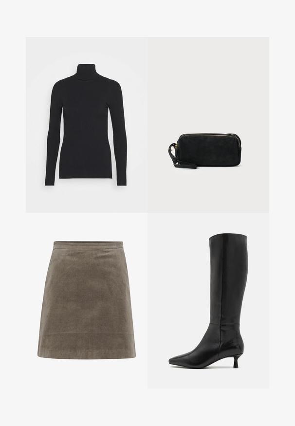 Pull noir à col roulé côtelé, doté de longues manches et d'une silhouette près du corps. La texture est lisse avec un motif de côtes horizontal.; Jupe mini en velours côtelé kaki avec une forme droite, une texture lisse et une taille simple, présentant des lignes côtelées verticales sur toute sa surface.; Zign Bottes - black; Pochette en daim noir avec une fermeture éclair et une bandoulière amovible. Dotée de quincaillerie dorée et d'une texture lisse et mate.