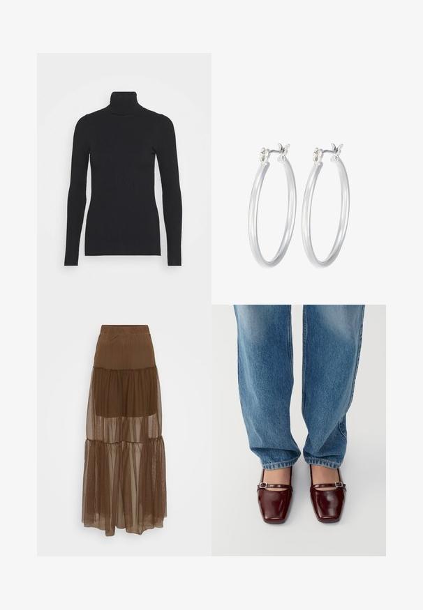 Musta ribbattu poolopaita, jossa on pitkät hihat ja tiukka siluetti. Tekstuuri on sileä vaakasuorilla ribbidoilla.; Ruskea kerroksellinen hame, jossa on teksturoitu verkkopinta ja joustava vyötärö. Sisältää kolme kerrosta läpinäkyvää kangasta, mikä luo virtaavan siluetin.; Burgundy ki patent leather ki jootiyan jinki mukhya ungli ki pehchaan chaar kona hai aur ankle strap hai, halka neela loose-fit jeans ke sath milakar pehena gaya hai. Jootiyon ki chamakdaar finishing hai.; Hope-silver rengas, joissa on sileä ja kiillotettu pinta. Pyöreä muoto ja turvallinen napsautettava lukitus. Kevyt muotoilu sopii päivittäiseen käyttöön.