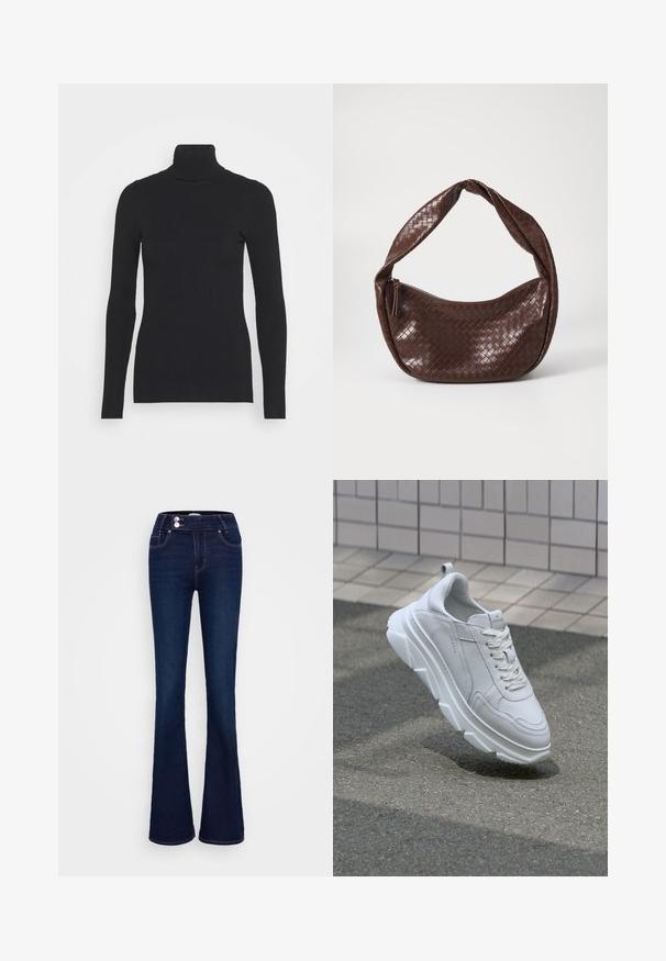 Musta ribbattu poolopaita, jossa on pitkät hihat ja tiukka siluetti. Tekstuuri on sileä vaakasuorilla ribbidoilla.; Tummansinisiä leveälahkeisia farkkuja, joissa on korkea vyötärö, kaksi etutaskua ja kaksi napinläpeä. Valmistettu sileästä denimsistä.; Valkoinen nahkainen lenkkari, jossa on paksu, kuvioitu kumipohja. Kumppari sulkeminen ja ompeluyksityiskohdat. Pyöristetty kärki ja nilkkatukea tarjoava muotoilu.; Ruskea kudottu nahkalaukku, jossa on kaareva, solmittu kahva ja vetoketjukiinnitys. Sujuva pinta ja pyöreä muoto.