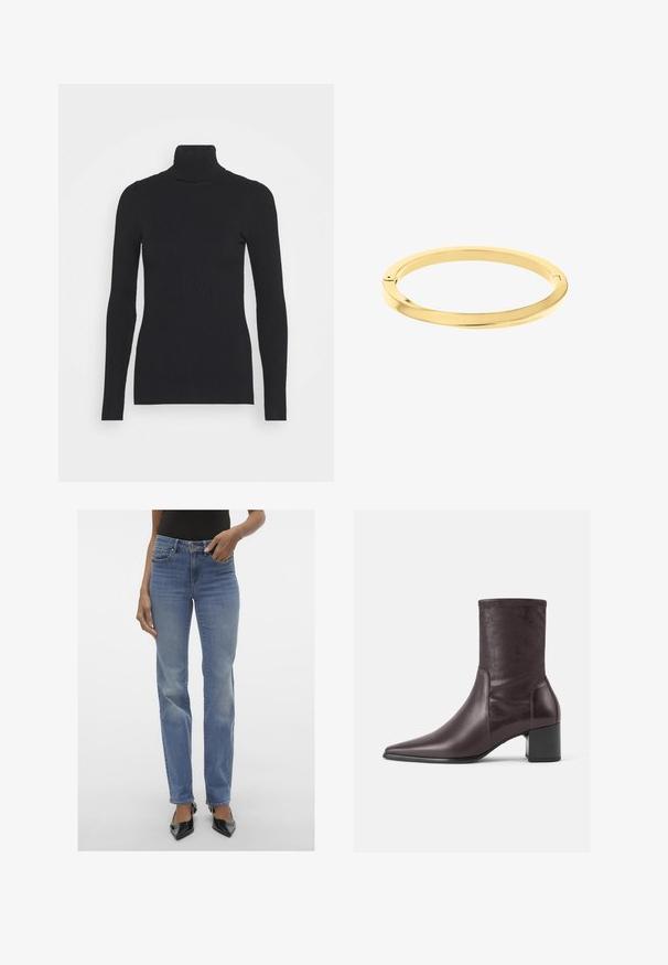 Sort ribbet rullekravesweater med lange ærmer og en tætsiddende silhuet. Teksturen er glat med et vandret ribmønster.; Tætsiddende blå denim jeans med en let falmet finish, fem lommer og lynlås i taljen. Benene har en lige pasform.; Bordeaux ankelstøvler lavet af glat læder med en spidse tå og en blokheel. Skaftet er slankt og tætsiddende, der strækker sig til midt på læggen.; Tynd, poleret guldarmring med en glat, rund form og subtil branding. Har et sømløst design og en minimalistisk æstetik.