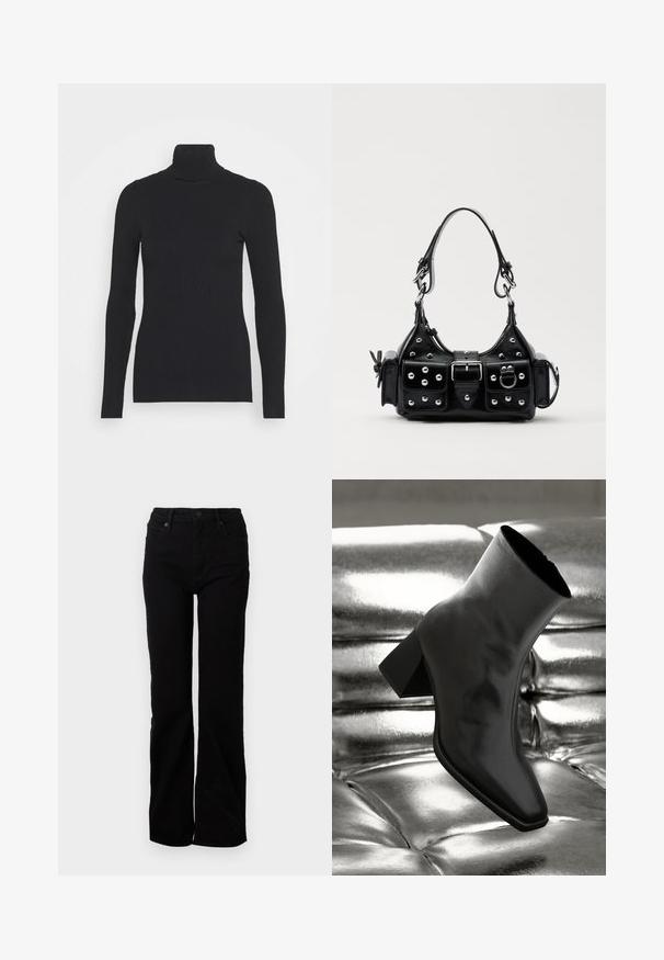 Sort ribbet rullekravesweater med lange ærmer og en tætsiddende silhuet. Teksturen er glat med et vandret ribmønster.; Sorte denim jeans med en straight leg-design, fem lommer, frontlukning med knap og subtil struktur. Ingen synlige mønstre eller accenter.; Sorte ankelstøvler lavet af glossy materiale med firkantet tå og spidse hæle, sat mod en skinnende sølv tuftet baggrund.; Sort læderhåndtaske med et buet design, prydet med sølvfarvede nitter, en spænde og to sidelommer. Justerbar rem til forskellige bære muligheder.