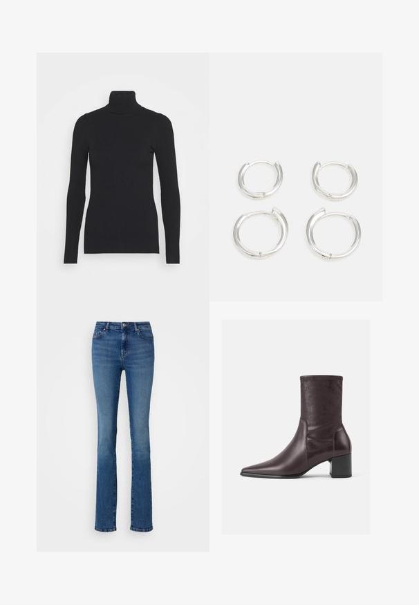Melna ribota turtlenecka džemperis ar garām piedurknēm un cieši pieguļošu siluetu. Audums ir gluds ar horizontālu ribu rakstu.; ONLY Tall ONLSUI MID - Pieguloša piegriezuma džinsi - medium blue denim; Burgundijas potītes zābaki izgatavoti no gludas ādas ar norādītu purngalu un kvadrātveida papēdi. Zābaka kāja ir gluda un pieguļoša, sasniedzot vidus teļa līmeni.; Sudraba riņķveida auskari, ar gludu, pulētu virsmu. Divi pāri ar nedaudz atšķirīgu izmēru. Vienkāršs, apaļš dizains, viegli.