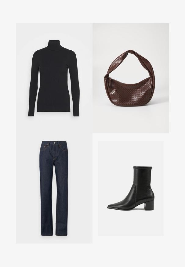 Musta ribbattu poolopaita, jossa on pitkät hihat ja tiukka siluetti. Tekstuuri on sileä vaakasuorilla ribbidoilla.; Tummansiniset farkut suoralla lahkeella, joissa on oranssit tikkaukset, viisi taskua ja nappikiinnitys vyötäröllä.; Mustat nilkkurit, jotka on valmistettu sileästä nahasta, kärjessä on terävä muoto, paksu korko ja selkeästi kohoavat ompeleet yläreunassa.; Ruskea kudottu nahkalaukku, jossa on kaareva, solmittu kahva ja vetoketjukiinnitys. Sujuva pinta ja pyöreä muoto.