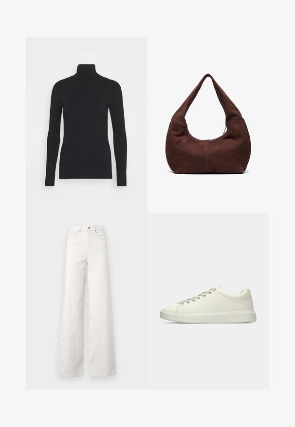 Black ribbed turtleneck sweater, featuring long sleeves and a close-fitting silhouette. The texture is smooth with a horizontal rib pattern.; ONLY Tall ONLHOPE GLOBAL HIGH WAIST WIDE - Trousers - pumice stone; White low-top leather sneaker with lace-up closure and a flat rubber sole shown from the side on a plain background.; Brown suede hobo bag with a curved, wide handle and a large opening. Soft texture with visible stitching detailing along the edges.