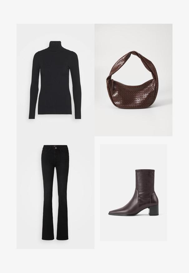 Melna ribota turtlenecka džemperis ar garām piedurknēm un cieši pieguļošu siluetu. Audums ir gluds ar horizontālu ribu rakstu.; Melnas platās džinsus, kas izgatavoti no denima, ar klasisku piecu kabatu dizainu, smalku izšuvumu un priekšējo pogu aizdari.; Burgundijas potītes zābaki izgatavoti no gludas ādas ar norādītu purngalu un kvadrātveida papēdi. Zābaka kāja ir gluda un pieguļoša, sasniedzot vidus teļa līmeni.; Brūna austa ādas soma ar izliekta, mezglota rokturi un ar rāvējslēdzēju aizdari. Gluda tekstūra un noapaļota forma.