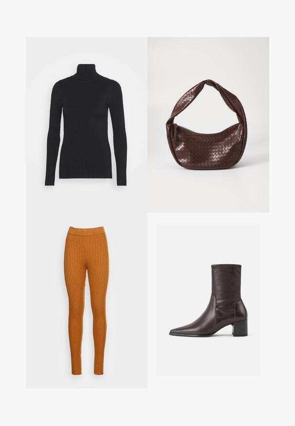 Svart ribbet polokragegenser med lange ermer og en tett passform. Teksturen er glatt med et horisontalt ribbestrikket mønster.; Ribbestrikkede leggings i en varm oransje nyanse, med høy midje. Laget av et mykt stoff med vertikal tekstur, som gir en tettsittende passform.; Burgunderfargede ankelstøvler laget av glatt lær med spiss tå og blokkhæl. Skaftet er strømlinjeformet og tettsittende, og strekker seg til midt på leggen.; Brunnet flettet lærveske med en buet, knyttet håndtak og glidelås. Glatt tekstur og rund form.