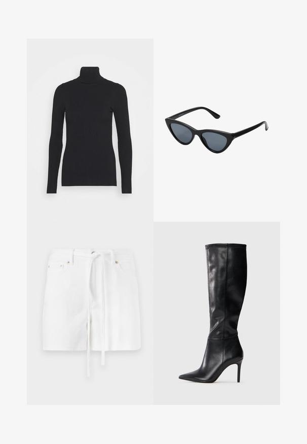 Suéter ajustado de canalé negro con cuello alto, que presenta mangas largas y una silueta ceñida. La textura es suave con un patrón de canalé horizontal.; Pantalones cortos de denim blanco con cintura ajustable, que cuentan con dos bolsillos frontales y una textura suave. El diseño es simple y clásico, sin patrones.; Botas de cuero negras hasta la rodilla con punta afilada y tacón de aguja, con una textura suave y un diseño minimalista sin adornos visibles.; Gafas de sol negras en forma de ojo de gato con lentes gris oscuro, marco de plástico elegante, esquinas puntiagudas y patillas rectas. Sin herrajes ni acentos visibles.; Anna Field Bolso de mano - brown