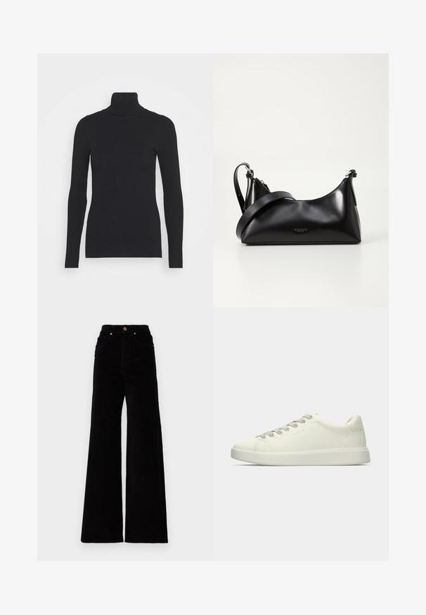 Must mustriba kaelusega sviiter, millel on pikad varrukad ja keha lähedal istuv siluett. Tekstuur on sile horisontaalse riba mustriga.; ONLY Tall ONLHOPE GLOBAL HIGH WAIST WIDE  - Püksid - black; Valged madalad nahast tennised, millel on paeltega kinnitamine ja lame kummist tald, esitatud külgvaates üheltoonilisel taustal.; Mustmust nahkaga kott sileda tekstuuriga. Omab reguleeritavat rihma ja sujuvat, minimalistlikku disaini, millel on lukuga sulgemine.; Kuldne rõngassõrmused sileda ja läikiva viimistlusega. Ringikujuline disain, millel on väike post ja selge tagumine külg, et tagada kindel kandmine.