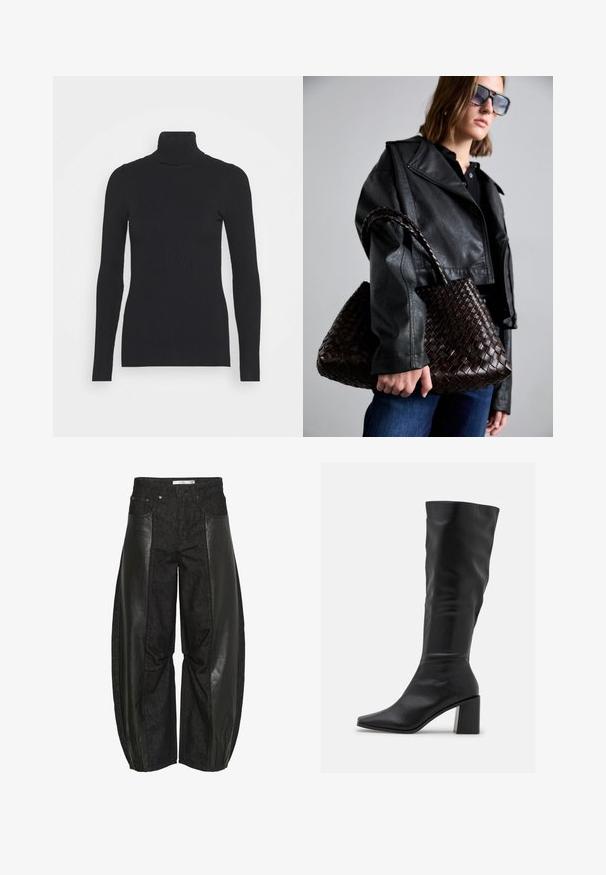 Must mustriba kaelusega sviiter, millel on pikad varrukad ja keha lähedal istuv siluett. Tekstuur on sile horisontaalse riba mustriga.; Mustad püksid, millel on segu denimist ja nahast paneele. Disain on laia säärega ja erinevad tekstuurid loovad silmapaistva visuaalse kontrasti.; RAID BLICK - Saapad - black; DRAGON DIFFUSION SANTA CROCE BIG - Käekott - dark brown