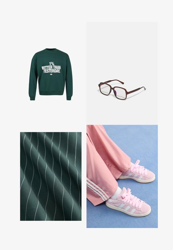 Sweat-shirt vert avec texture côtelée, col rond et manches longues. Présente un grand texte blanc : "1% MEILLEUR QU'HIER." sur le devant.; Tissu vert foncé avec une texture lisse, présentant des rayures ondulées blanches s'étendant verticalement, créant un motif subtil.; Baskets de sport roses avec des rayures bleu clair, bout rond et lacets épais roses, associées à un pantalon de survêtement rose avec des rayures blanches sur les côtés.; Lunettes rectangulaires marron avec des verres transparents et des nuances violacées. Monture en plastique lisse avec des branches droites et des accents subtils.; Tissu imprimé léopard en beige avec des taches noires, texture lisse, forme rectangulaire, plié avec des bords finis.