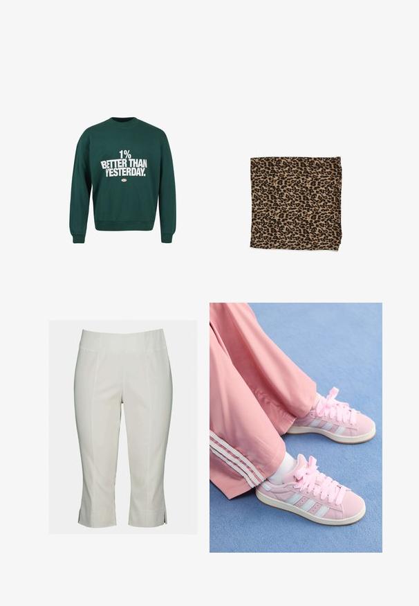 Grüne Sweatshirt mit gerippter Textur, Rundhalsausschnitt und langen Ärmeln. Mit großem weißen Text: "1% BESSER ALS GESTERN." auf der Vorderseite.; Weiße, kurze Hosen aus glattem Stoff mit einem flachen Bund, Vordernähten und seitlichen Schlitzen am Saum für zusätzlichen Detail.; Rosa Sportschuhe mit hellblauen Streifen, runder Zehenform und dicken rosa Schnürsenkeln, kombiniert mit rosa Jogginghosen mit weißen Seitenstreifen.; Leopardenmusterstoff in Beige mit schwarzen Flecken, glatte Textur, rechteckige Form und gefaltet mit genähten Kanten.